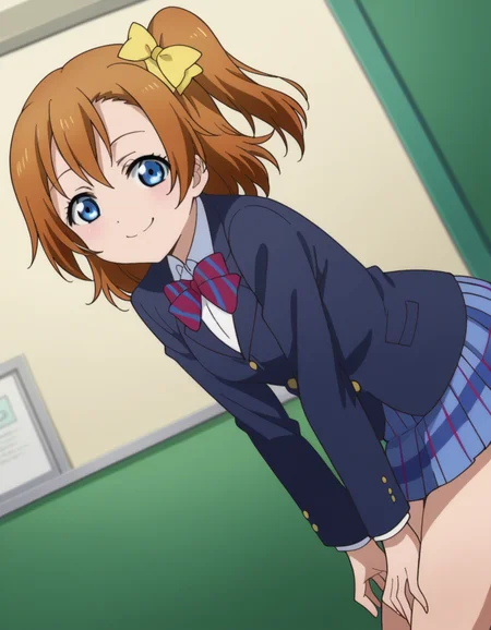 score_9, score_8_up, score_7_up, source_anime, <lora:honoka-kousaka-s1-ponyxl-lora-nochekaiser:1>, honoka kousaka, blue eyes, brown hair, hair bow, orange hair, one side up, short hair, yellow bow,, skirt, school uniform, jacket, blazer, winter uniform, otonokizaka school uniform,, indoors, bent over, smile, smug, looking at viewer, solo,, cowboy shot, dutch angle
