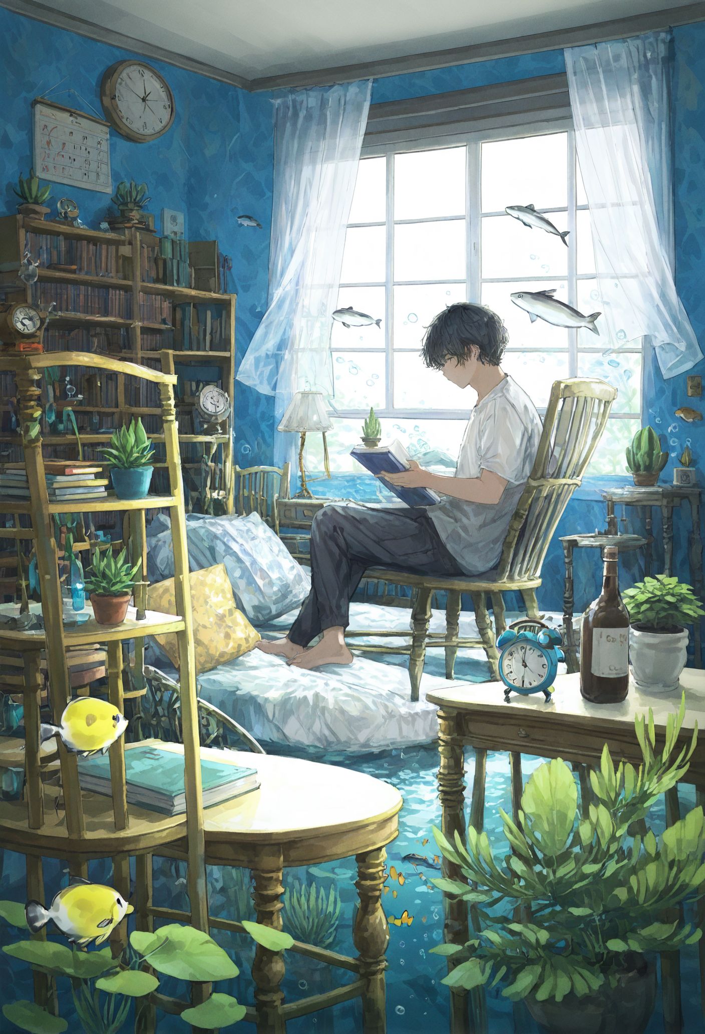 1boy, male focus, 
bubble, clock, shirt, book, curtains, calendar \(object\), white shirt, black hair, solo, fish, book stack, indoors, window, pants, short hair, alarm clock, air bubble, sitting, bed, cat, underwater, bookshelf, tropical fish, table, chair, bedroom, scenery, lamp, butterflyfish, plant, potted plant, desk lamp, analog clock, pillow, bottle, cactus,
.
masterpiece, best quality, very aesthetic, absurdres
 <lora:gakufornoob:0.95>