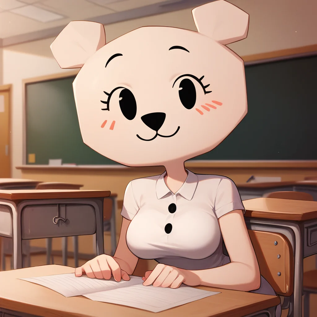 score_9, score_8_up, score_7_up, <lora:teripony:1> teri, no humans, blush, white skin,smile , white dress, breasts, classroom,