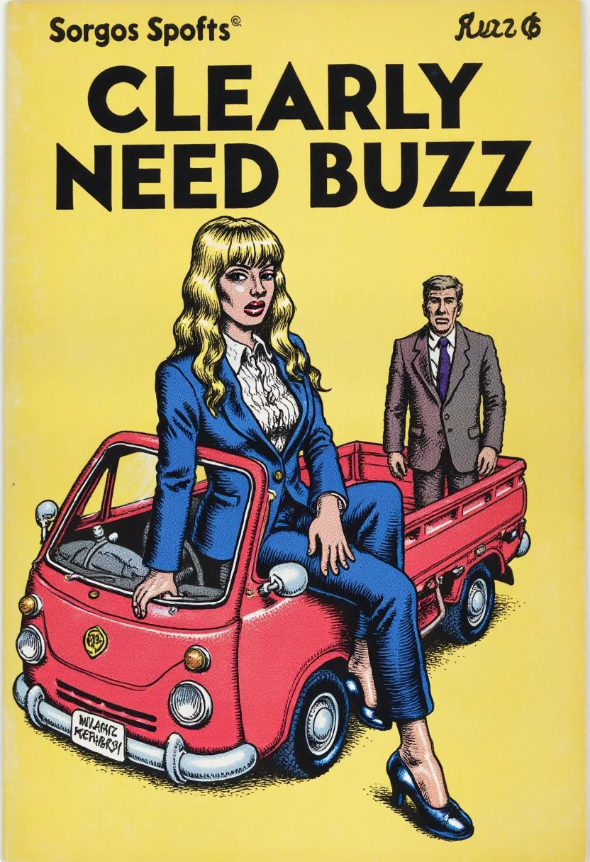 the simple text logo of "clearly need buzz" at the top of the image. 
a blonde hair cool lady in a suit with a simple Keitora car.
vintage comic book cover