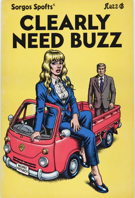 the simple text logo of "clearly need buzz" at the top of the image.
a blonde hair cool lady in a suit with a simple Keitora car.
vintage comic book cover
