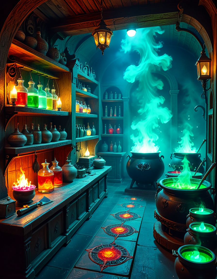 Hidden deep within the necromancerâs infernal domain lies a nightmarish kitchen, a grotesque fusion of alchemical laboratory and sacrificial chamber. The walls are carved from blackened bone and obsidian, pulsating faintly with necrotic energy. Faint green flames flicker in sconces made from twisted skeletal hands, casting eerie shadows across the macabre workspace. The air is thick with the scent of decay, ash, and something far worseâan indescribable aroma of corruption and dark magic.
At the center, a massive butcherâs table, scarred and stained with centuries of dried blood, serves as the primary workstation. Rusted, jagged knives, bone saws, and crude flesh-carving tools hang from hooks, their edges glistening with fresh remnants of something recently prepared. Nearby, grotesque cauldrons bubble with viscous, unnatural liquidsâblack ichor, boiling crimson blood, and glowing green elixirs swirl together, each concoction releasing haunting whispers as if infused with trapped souls.
Suspended from the ceiling, enormous iron hooks hold skinned carcassesâsome humanoid, others unrecognizable abominations stitched together from various creatures. Skeletal constructs, animated by unseen forces, mindlessly tend to the kitchen, stirring bubbling cauldrons and grinding unknown ingredients into fine powders using ancient, rune-etched mortars and pestles.
Along the walls, towering shelves hold disturbing "ingredients" sealed in glass jars: floating, disembodied eyes that track movement, severed hands that twitch sporadically, and writhing black worms that exude a thick, putrid slime. Bundles of dried, withered herbsâsome glowing faintly with infernal energyâhang from the rafters, alongside strips of preserved flesh, their origins best left unspoken.
In one corner, a massive, rune-inscribed oven burns with an unnatural, ghostly blue flame. The heat does not come from firewood but from the tormented souls bound within, their agonized wails fueling its endless infernal blaze. A massive iron cauldron sits atop a cracked stone hearth, where a thick, bubbling stew churnsâits surface occasionally breaking as something beneath struggles, clawing weakly before sinking back into the depths.
This is not a place for feastingâit is a workshop of the grotesque, where ingredients are harvested, flesh is repurposed, and the very essence of undeath is distilled into unholy nourishment. No living creature eats hereâonly the dead, the damned, and the things that should not be.
Style & Mood :
- Dark fantasy, gothic horror, necromantic aesthetics
- Cinematic, high-detail, eerie lighting
- Infernal atmosphere, filled with shadows, glowing green and crimson energy, and grotesque details
- Inspired by the works of ZdzisÅaw BeksiÅski, H.R. Giger, and dark medieval sorcery
<lora:SDXLFaeTastic2400:0.4> <lora:extremely_detailed:0.4> extremely detailed, <lora:mysterious_4lch3my_sh0p:1> mysterious 4lch3my sh0p <lora:nightmarish_k1tch3n:1>,nightmarish k1tch3n, Masterpiece,best quality,hi res,8k,hi res,8k,award winning,(sharp focus, intricate, highly detailed),