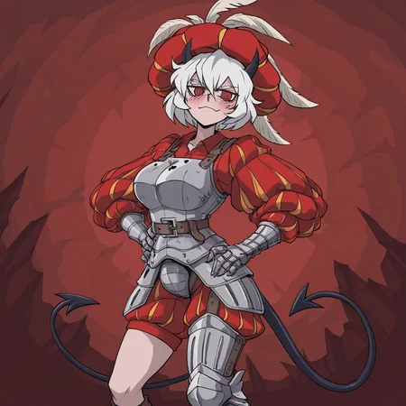 masterpiece, best quality, newest, absurdres, highres, vintage anime, 90s anime, LKAV1.0, landsknecht, armor, belt, breastplate, chaperon hat, faulds, asymmetrical legwear, asymmetrical armor, puffy sleeves, puffy pants, 1girl, malina \(helltaker\), demon girl, short hair, white hair, horns, demon tail,