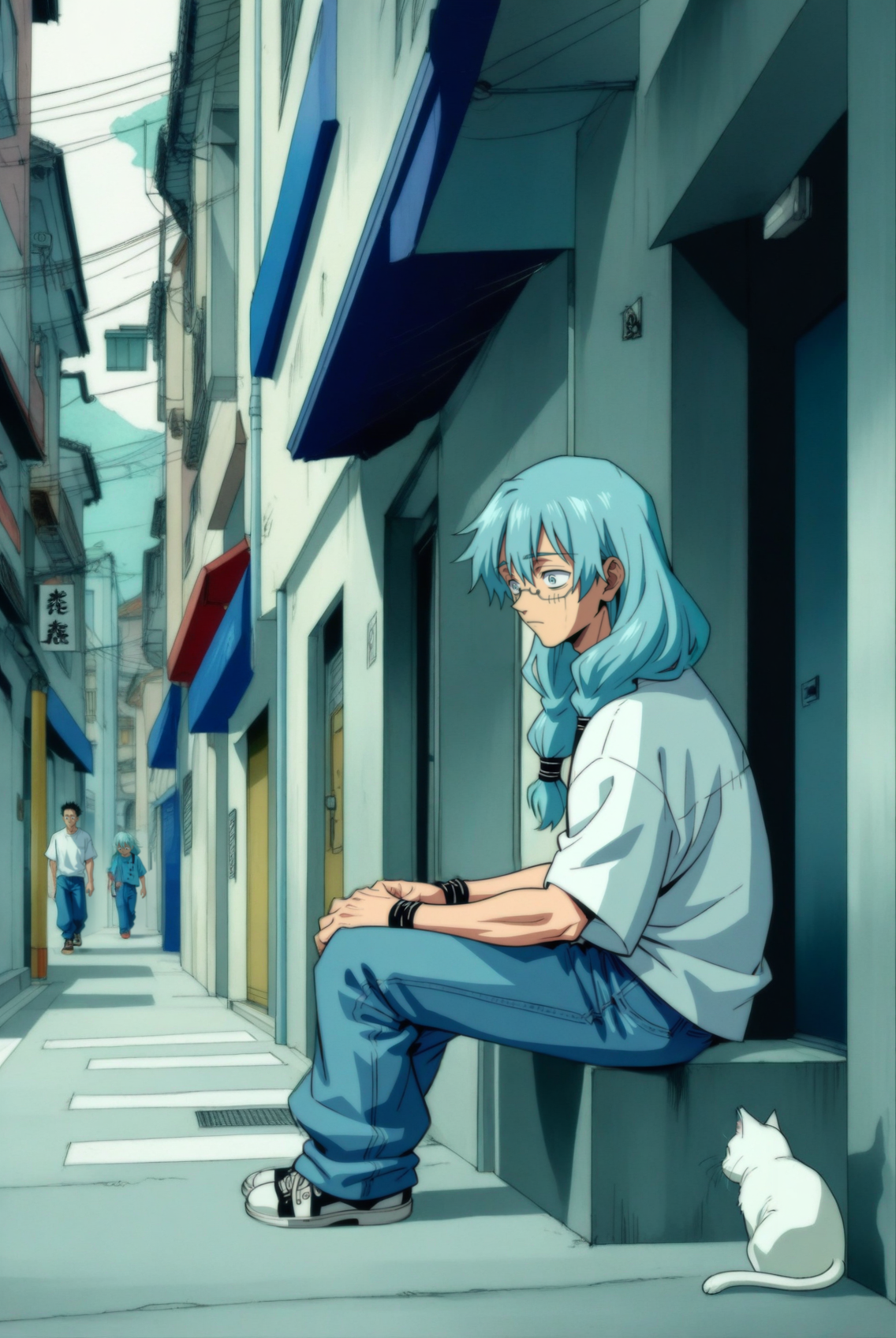 1boy, male focus, mahito \(jujutsu kaisen\), jujutsu kaisen , (90s anime style:1.5), front view, outdoors, street view, (looking down:1.3), perfecteyes, shirt, denim shorts, (a single white cat sitting next to them) <lora:detailed_notrigger:1> <lora:ParchartXL_CODA:0.2> <lora:Isometric Cutaway:1> <lora:PerfectEyesXL:1> <lora:Surreal Harmony:0.2>