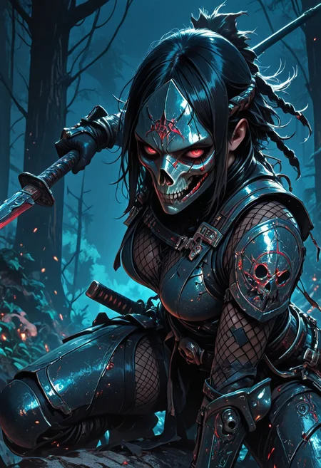 (masterpiece), (best quality), (8k), 1girl, cinematic lighting, dynamic action pose, highres, very detailed, amazing quality, masterpiece, fujimoto_tatsuki, fujimoto_tatsuki_(style), 
very aesthetic, intense,
particle effect,
1girl, samurai, solo, braided hair, layered samurai armor, engraved, bodysuit, tight clothing, fishnets, sleeveless, futuristic armor, runic symbols etched in armor, armored legs, full mask, halfmask, katana, red eyes, skulls, 
assassin theme, japan theme,
looking at viewer, tough pose, holding spear,
mountains, 
at night, night, close up, closeup,