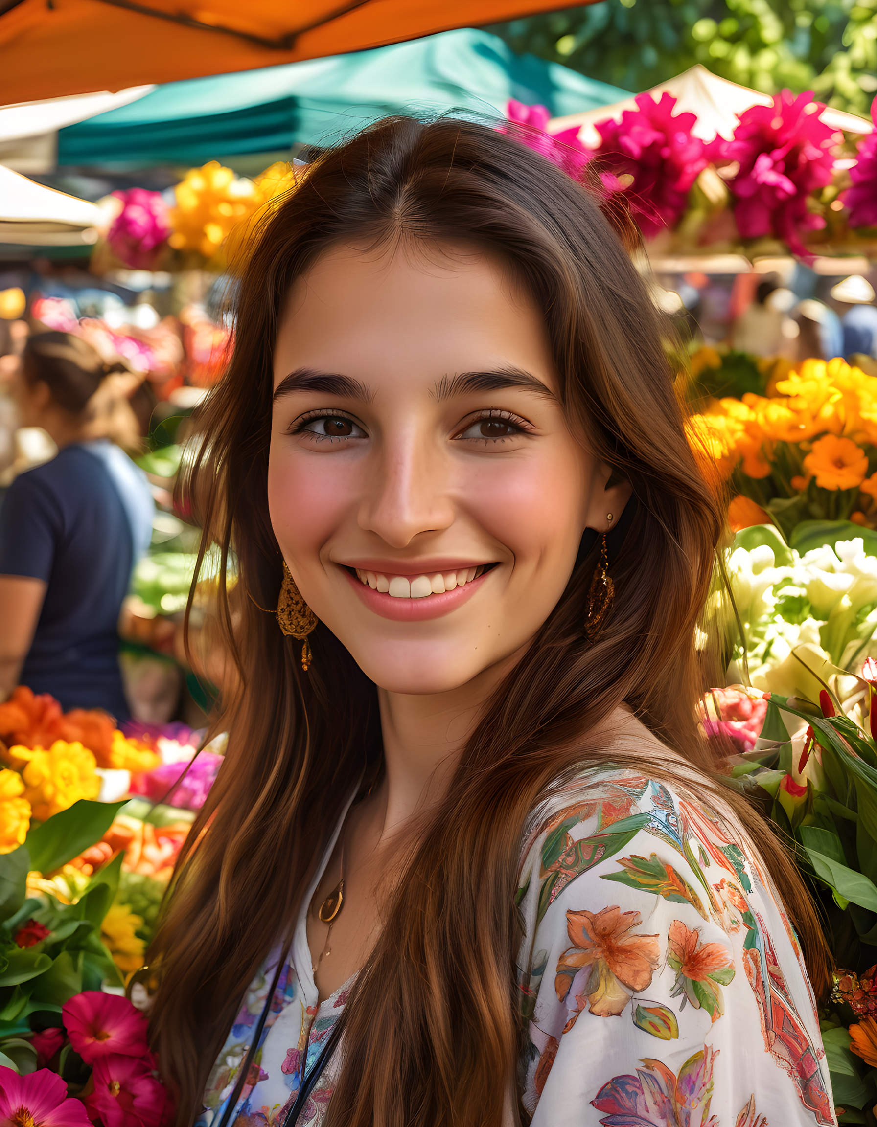 In a bustling, open-air market illuminated by the warm glow of late afternoon sun streaming through colorful canopies, a woman named N4NCYJMM with long, brown hair and piercing brown eyes smiles at the viewer, her lips parted but closed, as she leans against a vibrant display of exotic flowers, the lush greenery and intricate patterns of the market stalls forming an intriguing backdrop behind her.