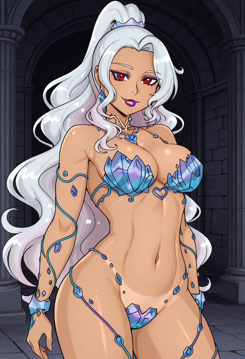 rejean_style, anime screencap, official art, detailed anime, ultra detailed anime art, score 9, score 8 up, score 7 up, masterpiece, source photo, 
BREAK
ClarissaJewel, 1girl, solo, large breasts, wavy hair, sidelocks, parted bangs, red eyes, navel, wide hips, lipstick, jewelry, makeup, eyeshadow, purple lips, grey hair, multicolored hair, two-tone hair, white hair, mature female, fair tanned-skinned female, cleavage, thick thighs, very long hair, narrow waist, wide hips, high ponytail, toned belly, curvy, nude, shiny skin, smoothy skin,
BREAK
revealing clothes, crystal earrings, bare shoulders, crystal crotch plate, crystal breast cover, leg crystals, crystal rings, belly jewels, jewels on arms, jewels on legs, crystal shoes, crystal lines on arms, crystal lines on body, crystal lines on legs, crystal hair ornament, necklace, bikini armor, crystal bracelet, living clothes, maebari, see-through, high heels, Stable_Yogis_PDXL_Positives. 
BREAK
cowboy shot, standing, ((front view)), looking at viewer seductive smile, contrapposto, indoor, dark cave, stone pillars, dark, detailed background, NEGATIVE_HANDS,