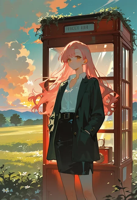 1girl,   hot pink hair,  long hair,     brown eye,     
BREAK   1girl, hands put in pockets, pants,         
BREAK                   Plunge-neck top, leather skirt,  overgrown, glass telephone booth in the middle of a grassy field, overgrown, clouds, sunset,      
BREAK general, (kurobeko \(kur0bek0\):1.1), (kyogoku-uru:0.85), (yuuki akira:0.7), (mian lang:1.1), masterpiece, best quality, absurdres, highres, newest, <lora:ponyv6_noobV1_2_adamW:0.7>, <lora:VICE_v1.0:0.4>