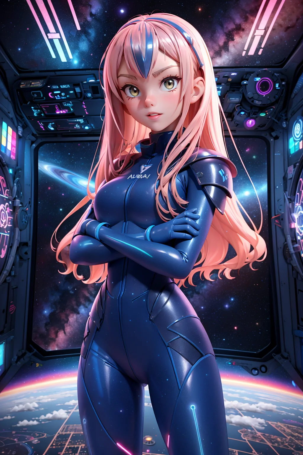 (AnjelikaV2:1.2), 
dark fantasy warrior, neon circuits infused, glowing blue lines, intricate armor, anime-inspired, tech-infused wall, high detail, 
1girl,  standing, arms crossed, looking forward, confident expression,
Space station interior, expansive window views of galaxies, holographic displays, sleek metallic surfaces
