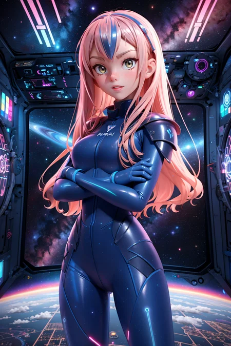 (AnjelikaV2:1.2), 
dark fantasy warrior, neon circuits infused, glowing blue lines, intricate armor, anime-inspired, tech-infused wall, high detail, 
1girl,  standing, arms crossed, looking forward, confident expression,
Space station interior, expansive window views of galaxies, holographic displays, sleek metallic surfaces