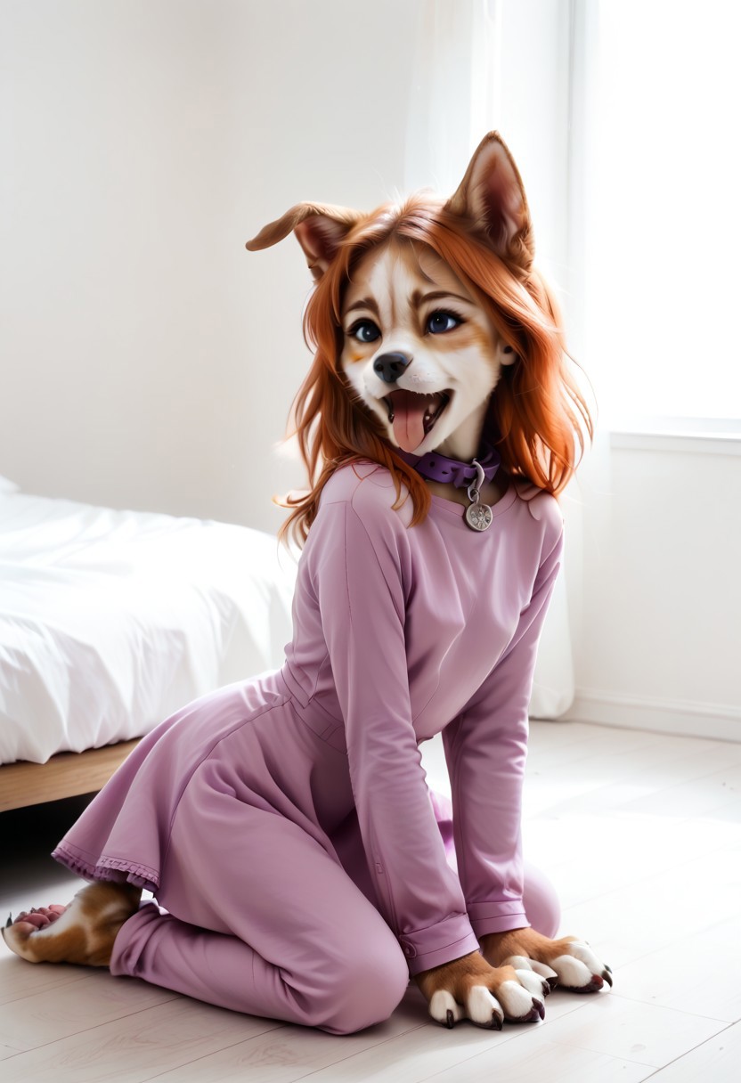 solo, dog girl, dog ears, wearing long sleeve purple 1960's dress,  on all fours, paw pose, canine tongue, tongue out, exited, lavender leather dog collar, paws, (raised tail under skirt), side view, external, in a meadow, human eyes, ((corgi dog muzzle)) , canine hind paws, canine hands, sitting like a dog, orange hair, hair in shoulder length style with bangs, in the style of Daphne from scooby doo, no human ears