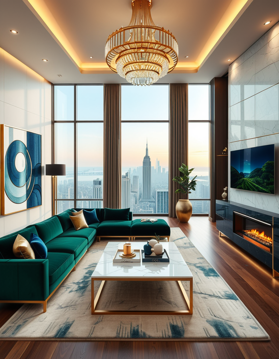 A lavish and modern luxury living room with a spacious open layout. The room features a grand chandelier with crystal details hanging from a high ceiling. Plush velvet sofas in deep emerald green and navy blue are arranged around a sleek marble coffee table with gold accents. The floor-to-ceiling windows allow natural light to flood the space, revealing a breathtaking city skyline in the background. A contemporary fireplace with a sculptural design adds warmth, while elegant artwork and designer decor pieces complete the sophisticated ambiance. The lighting is soft and ambient, creating a cozy yet opulent atmosphere.
<lora:SDXLFaeTastic2400:0.4> <lora:extremely_detailed:0.4> extremely detailed,  <lora:luxurious_l1v1ng_r00m:1>,luxurious l1v1ng r00m, Masterpiece,best quality,hi res,8k,hi res,8k,award winning,(sharp focus, intricate, highly detailed),