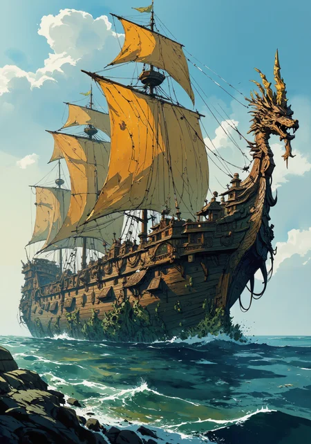 Colossal wooden leviathan, ancient sea-faring vessel of impossible scale, intricate Norse carvings adorning massive hull planks, towering masts like redwood forests, sails woven from golden leaves, dragon-headed prow large as a castle, labyrinthine decks housing entire villages, ornate wooden balconies and terraces cascading down sides, bioluminescent algae illuminating waterline, rootlike structures anchoring to seafloor, barnacle-encrusted lower hull, crow's nest piercing clouds, rigging complex as city streets, figurehead of intertwined wooden deities, sun-bleached timbers contrasting deep-grained heartwood, 8k hyperdetailed, volumetric fog, ray-traced reflections on water, epic scale, master craftsmanship, mythological presence <lora:Hand v2:0.6> <lora:zyd232_Ink_Style_Flux1D_v1_1:0.4> <lora:DND_GRAINYBOYZ_FG_FLUX_V2_ROMULUS_Lora:0.1> <lora:Organic Sauce - FLUX:0.7> <lora:ç»ªå¿ CG飿»¤éFLUX:0.3> <lora:CPA:0.8> <lora:flux_dev:1>