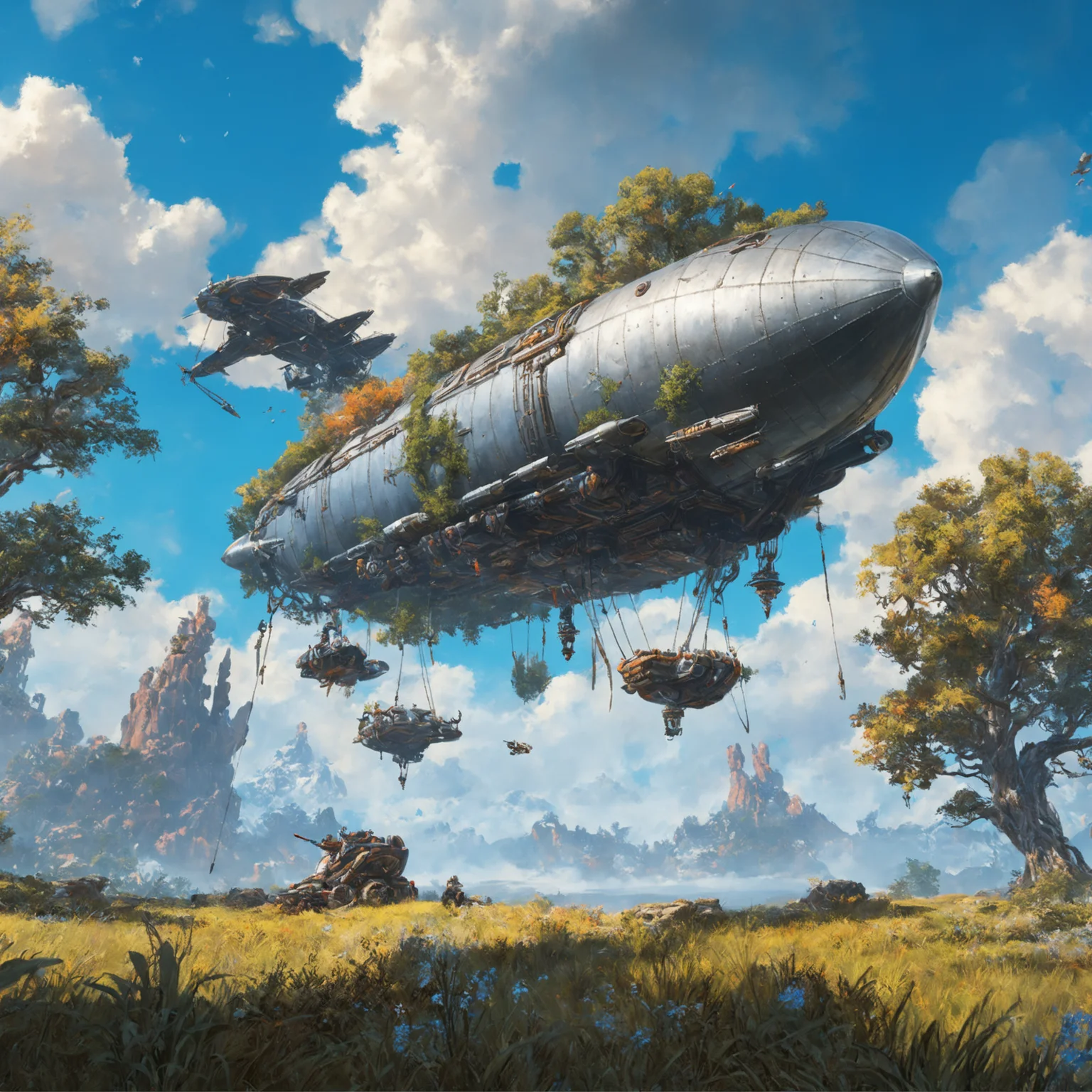 masterpiece, best quality, greg rutkowski,
scenery, sky, cloud, day, outdoors, tree, weapon, aircraft, airship, blue sky, fantasy, grass, artwork from horizon zero dawn
, very detailed, high resolution, sharp, sharp image, 4k, 8k,