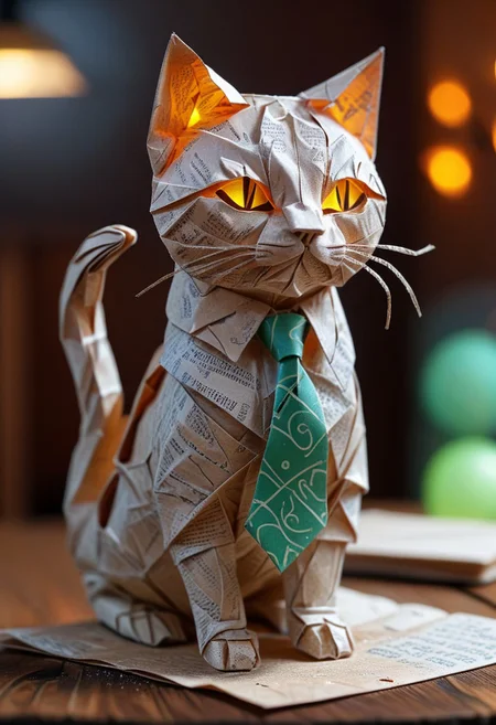 cat made of paper, cat with tie, close up, textured paper, on wooden table, fluorescent, glowing dust