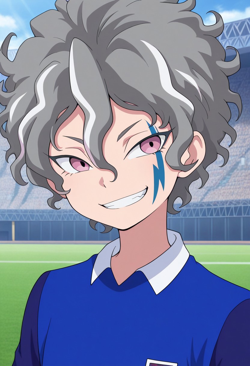 masterpiece,best quality,amazing quality, source_anime,
KiraHiroto, 1boy, male focus, solo, pink eyes, grey hair, facial tattoo, orion soccer uniform, shirt, blue shirt, raglan sleeves, short sleeves, portrait, smile, grin,
outdoor,
