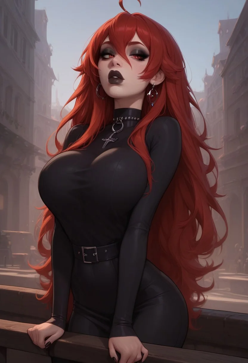 Expressiveh, score_9, score_8_up, score_7_up, godrays, 20yo, solo, eris greyrat as a goth bimbo girl, goth bimbo outfit, black lips, flirtatious, puckered lips, ahoge, hair between eyes, long hair, red eyes, red hair, sidelocks,, , bimbo, hot, sexy, short, curvy, leaning on railing, perfect hands, bright day, sunny, city background, detailed background