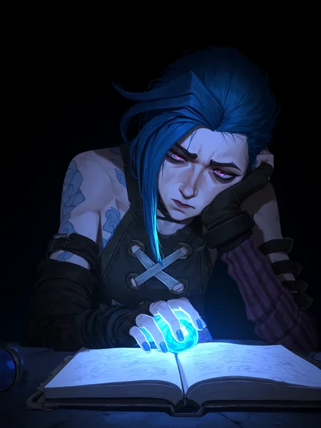 masterpiece, best quality,gritty,arcane: league of legends, digital drawing,arcane jinx,nail polish,head resting on hand, notebook,open books,glowing blue marble in hand, <lora:Arcane_V2:0.75> arcanstyle,