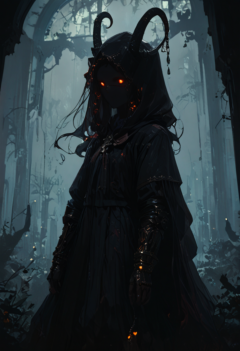 score_9, score_8_up, score_7_up, NLSTN, glowing, dark, a girl, horns, glowing tears, arm0rs3nt1n3l, templar, gauntlets, sheath, veil, cloak, hood up, pauldrons, sheathed, <lora:sdxl_lightning_8step_lora:1> <lora:p-skin:1> <lora:NLSTN:1,1,0,0,1,0,1,1,1,0,0,0> <lora:ArmorSentinelV2:0,0,1,0,0,0,1,0,0,0,0,0>