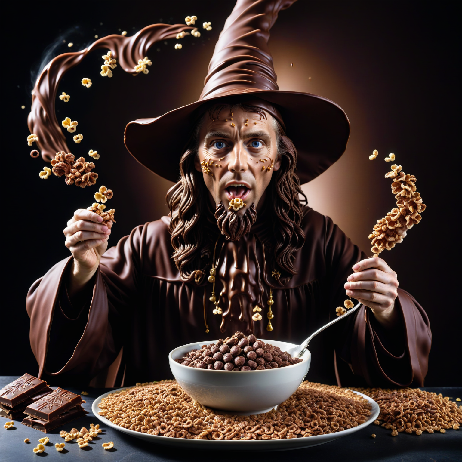 a photorealistic picture of a Chocolate wizard casting a cereal spell ,Jed-ChocoC   ,chocolate, cereals  <lora:SDXLFaeTastic2400:0.5> <lora:ChocoCerealStyle:0.4>