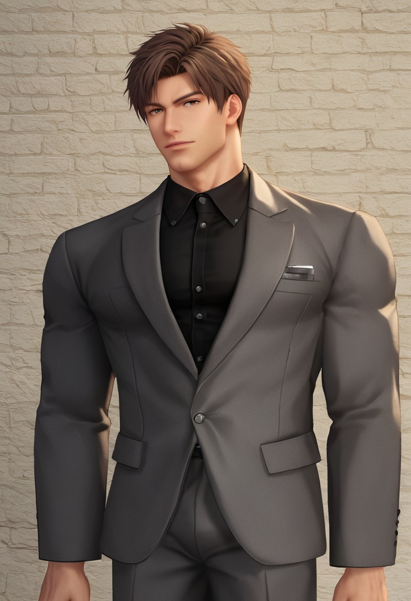 score_9, Artist7p, solo, short hair, brown hair, daddy, hair, handsome, suit, black shirt, male focus, style