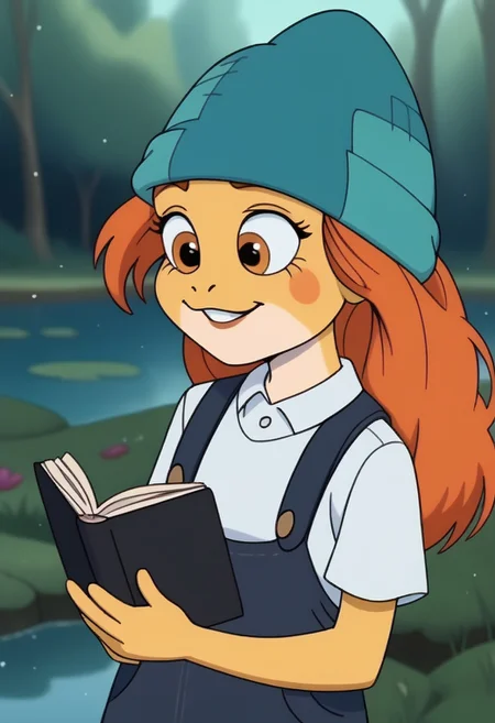 <lora:WesternCartoonClassicDisney100:0.9> , BREAK, hetero, interspecies, intricate details, high intricate details,
<lora:Felicia__Ivory_Sundew-000001:1>ivy_sundew, anthro frog, orange hair, yellow_skin, (white shirt:1.1), beanie hat, river, reading book, zPDXL3, <lora:Pony_QualityV4.0:1.12> zPDXLxxx, zPDXLrl