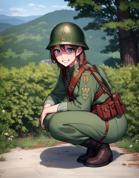 wargirls, 1girl, smile, world war i, trench, war, masterpiece, best quality, very detailed, helmet, full body, squatting, soldier <lora:wargirls:1>