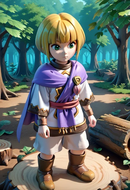 score_8, score_8_up, score_7_up, 3d, mariorpgstyle, 1girl, female focus, solo, Sheba_GS, blonde hair, bob cut, blunt bangs, side locks, short hair with long locks, green eyes, cape, brooch, tunic, short sleeves, sash, bracer, white shorts, shorts, knee boots, brown footwear, full body, standing, outdoors, forest, woods, tree, stream, log, leaves, stump, fantasy