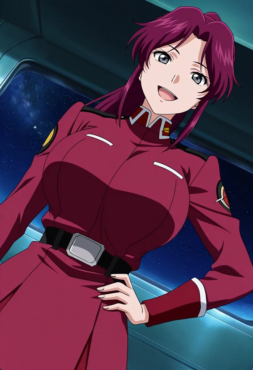 general,highres, ultra-detailed,very aesthetic,best quality ,best hands,best eyes,easynegative,
dynamic anglre, dutch angle, anime cloring,anime screencap,
1girl solo,looking at viewer,space ship,hand on hip,smile,open mouth,
Flay Allster,purple hair,long hair,ponytail,grey eyes,huge breasts,militaly uniform,