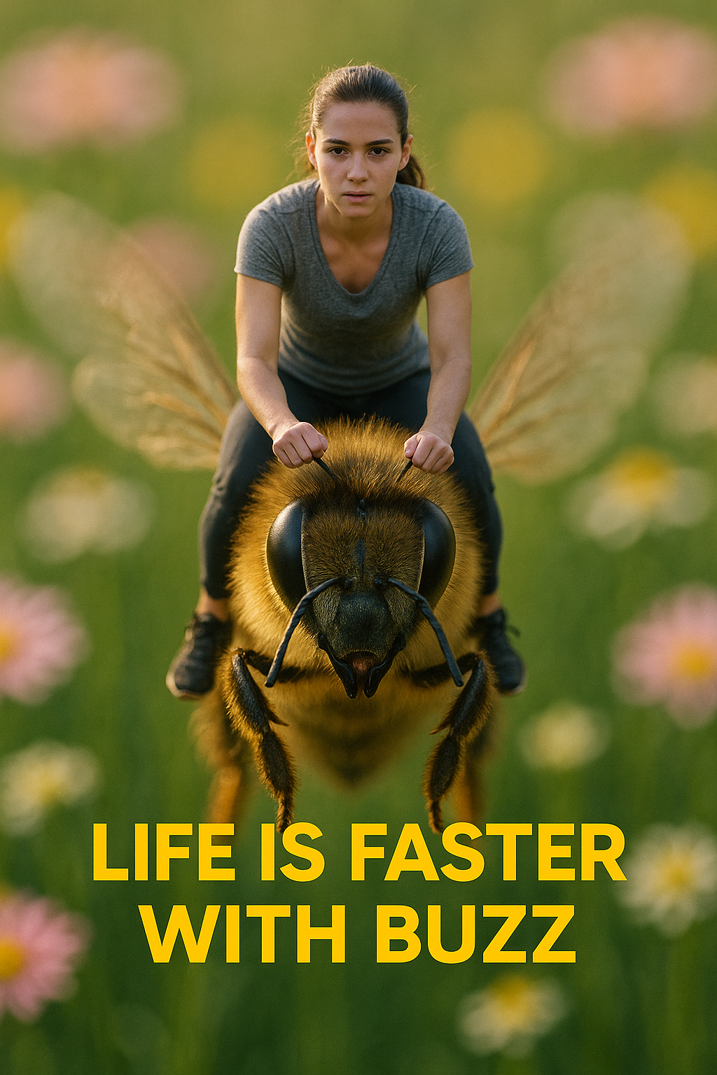 A shrunken human woman 20 years old. Is riding on a bee as if it was a horse. SHe wears sporty clothing. The person is only a few millimeters tall. All other elements remain at their full real-world size to emphasize the contrast. Perspective and camera focus are set to a macro view to exaggerate the scale difference. The scene is lit by soft morning light with macro depth of field, cinematic framing, and DSLR photo realism.