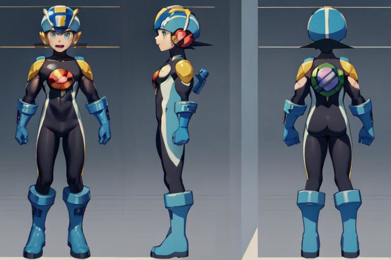 (masterpiece, official art), best quality, 1boy, solo, chara-sheet, megaman, blue footwear, blue headwear, bodysuit, boots, covered collarbone, yellow pauldron, full body, blue gloves, green eyes, helmet, looking at viewer, male focus, open mouth, purple bodysuit, simple background, smile, solo, standing, muscular, large pectorals, thick thighs