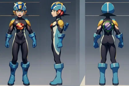 (masterpiece, official art), best quality, 1boy, solo, chara-sheet, megaman, blue footwear, blue headwear, bodysuit, boots, covered collarbone, yellow pauldron, full body, blue gloves, green eyes, helmet, looking at viewer, male focus, open mouth, purple bodysuit, simple background, smile, solo, standing, muscular, large pectorals, thick thighs