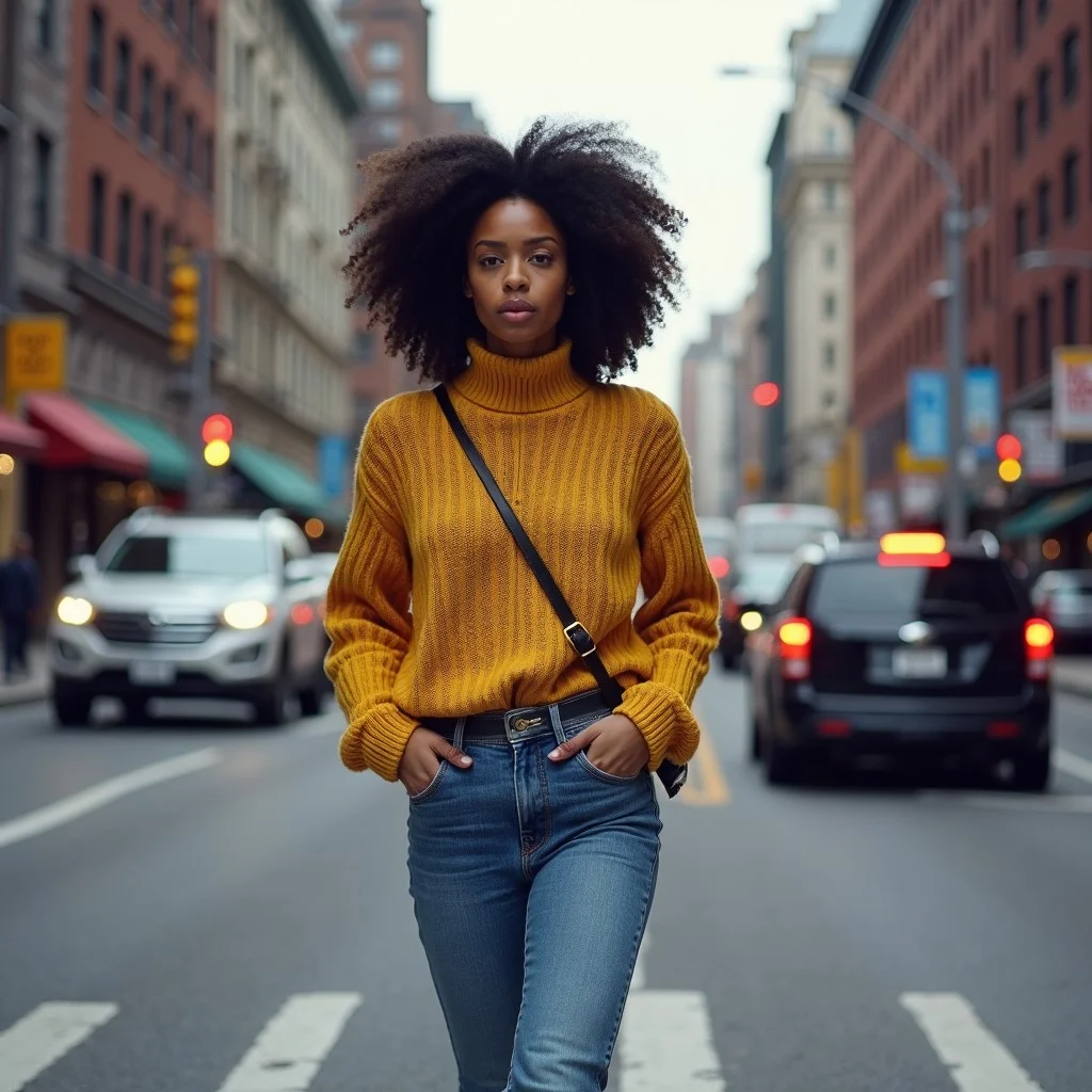 analog photograph of a stunningly beautiful biracial woman wearing jeans and sweater walking down the busy street of New York City, very aesthetic, raw, photo, real, photorealistic, photorealism, hyperrealistic, hyperrealistic, realistic, real life