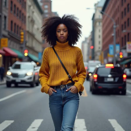 analog photograph of a stunningly beautiful biracial woman wearing jeans and sweater walking down the busy street of New York City, very aesthetic, raw, photo, real, photorealistic, photorealism, hyperrealistic, hyperrealistic, realistic, real life