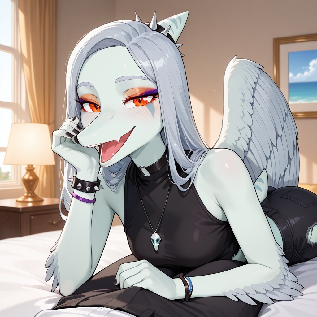 1girl, highres, absurdres, newest, masterpiece, best quality, furry, furry_female, Fang_snootgvh, pterodactylus, fin on head, long hair, grey hair, white wings, feathered wings, (snout, long snout:1.3), white skin, feathered arms, short tail, orange eyes, orange eyeshadow, purple eyeshadow, dark eye markings, black nails, skull necklace, black choker, spiked black horn bracelet, wristbands, black crop top, crop top, black pants, black torn pants, anthro, detailed eyes, (on_bed, on_stomach:1.3), open_mouth, open mouth smile, luxurious detailed room, bright room, day scene, professional lighting, white bed, solo, bedroom, smiling, seductive, looking_at_viewer, masterpiece, close up, safe
