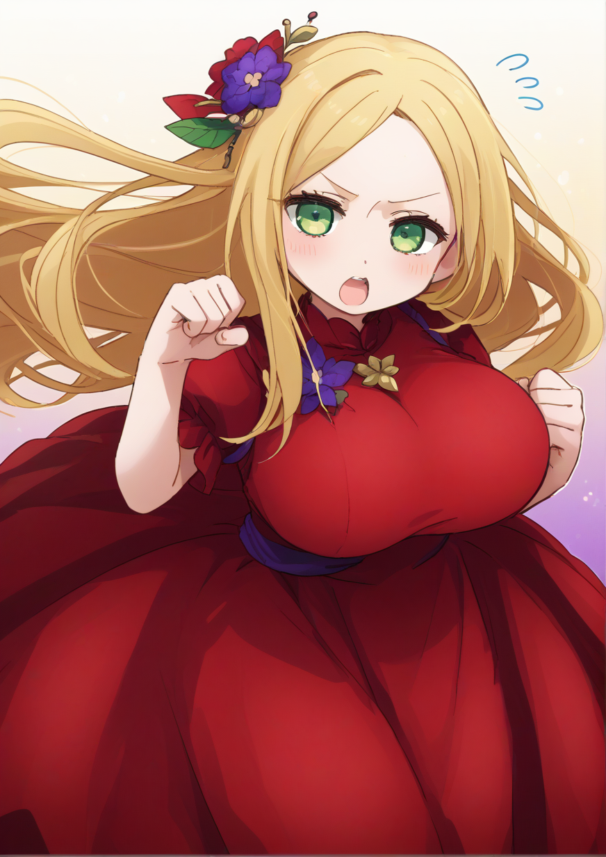 1girl, viridi, huge breast, , blonde hair, clenched hands, dress, flower, flying sweatdrops, green eyes, hair flower, hair ornament, long hair, open mouth, purple flower, red dress, solo, v-shaped eyebrows, very long hair, handfixer <lora:HandFixer_pdxl_Incrs_v1:1>  <lora:ãã¾ã¡ã2doQ8:0.8>