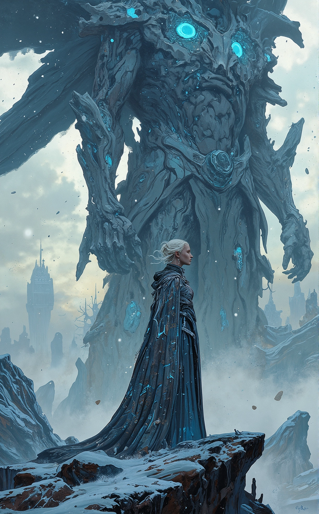 Off-center composition, medium close-up, A regal-looking woman stands at the base of an enormous stone statue, wearing a metallic cloak with holographic patterns. Her skin is glowing faintly with embedded bioluminescent circuits. She gazes upwards with a calm but authoritative expression. The background is a misty, ancient city shrouded in mystery., In a Snow and Ice Storm: The harsh winds whip through a landscape of metallic ice, sharp as blades, reflecting the occasional burst of neon lights from distant outposts. The suit’s HUD flickers from interference, and through the storm, you glimpse the silhouette of a towering energy shield, struggling to hold against the freezing elements., ethereal fantasy concept art of   . magnificent, celestial, ethereal, painterly, epic, majestic, magical, fantasy art, cover art, dreamy