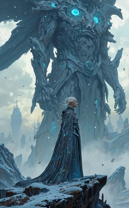 Off-center composition, medium close-up, A regal-looking woman stands at the base of an enormous stone statue, wearing a metallic cloak with holographic patterns. Her skin is glowing faintly with embedded bioluminescent circuits. She gazes upwards with a calm but authoritative expression. The background is a misty, ancient city shrouded in mystery., In a Snow and Ice Storm: The harsh winds whip through a landscape of metallic ice, sharp as blades, reflecting the occasional burst of neon lights from distant outposts. The suit’s HUD flickers from interference, and through the storm, you glimpse the silhouette of a towering energy shield, struggling to hold against the freezing elements., ethereal fantasy concept art of . magnificent, celestial, ethereal, painterly, epic, majestic, magical, fantasy art, cover art, dreamy