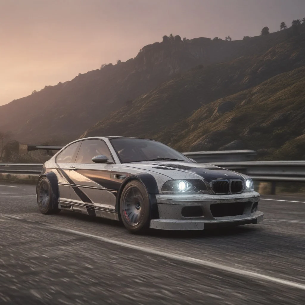 A sleek, black BMW M3 GTR, iconic from Need for Speed Most Wanted, tears through a winding mountain highway at dusk. Rendered with the stunning visual fidelity of Need for Speed 2015, the car glistens under a vibrant pink and orange sunset sky. Lush greenery spills over the roadside, framing the asphalt ribbon that snakes through the canyon. Lens flares dance across the scene as the M3 GTR speeds towards the vanishing point, leaving a blur of motion in its wake. The overall atmosphere evokes the adrenaline-pumping spirit of both Need for Speed Most Wanted and Carbon.