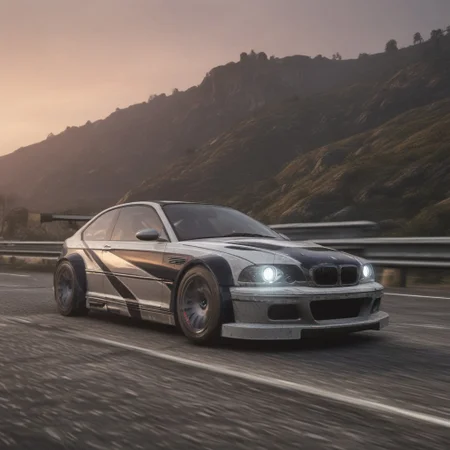 A sleek, black BMW M3 GTR, iconic from Need for Speed Most Wanted, tears through a winding mountain highway at dusk. Rendered with the stunning visual fidelity of Need for Speed 2015, the car glistens under a vibrant pink and orange sunset sky. Lush greenery spills over the roadside, framing the asphalt ribbon that snakes through the canyon. Lens flares dance across the scene as the M3 GTR speeds towards the vanishing point, leaving a blur of motion in its wake. The overall atmosphere evokes the adrenaline-pumping spirit of both Need for Speed Most Wanted and Carbon.