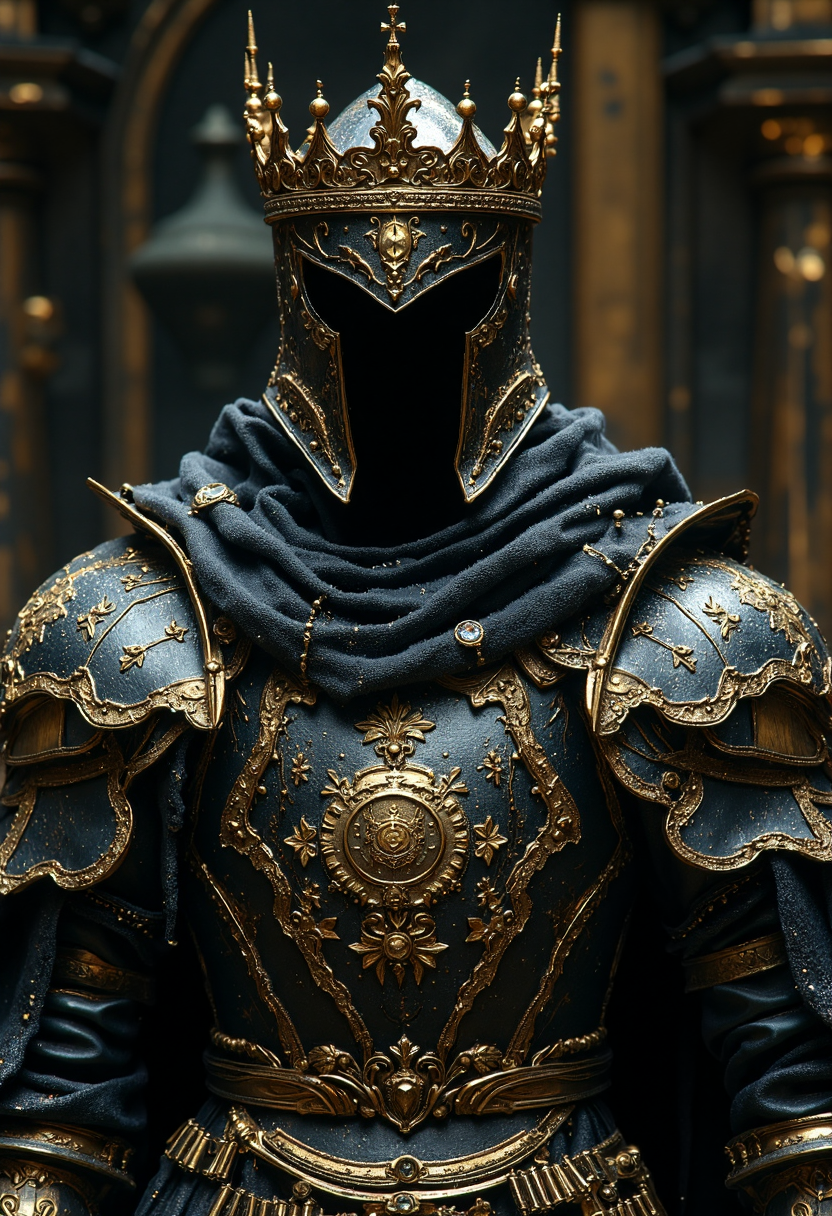 highly detailed and cinematic image of a medieval knight wearing ornate black and gold armor. The knight should be adorned with a regal crown, signifying royalty. The armor should feature intricate designs and embellishments, including a prominent chest plate with an engraved emblem. The knight's helmet should have a visor with small perforations, and the entire ensemble should include a dark, tattered cloak with gold accents. The background should be dark and minimalistic to emphasize the knight's majestic and imposing presence, HKMagic, <lora:FantasyWizardWitchesFluxV2-000001:1>, <lora:Elden_Ring_-_Yoshitaka_Amano:0.5>
