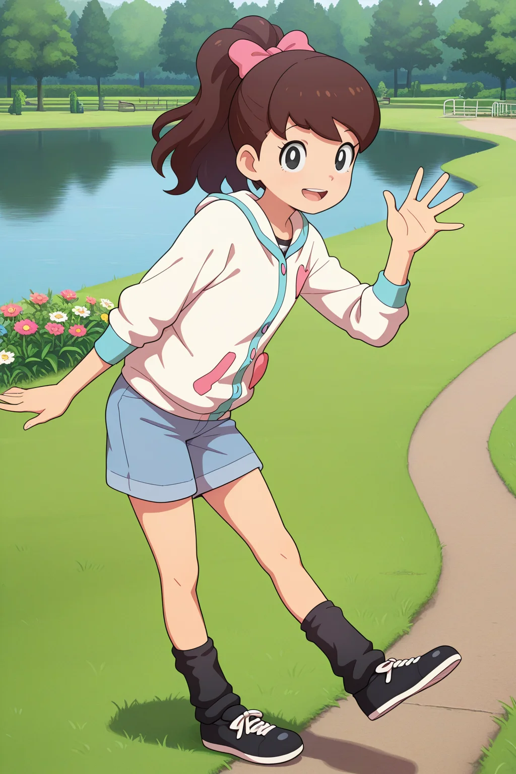 masterpiece, best quality, amazing quality, absurdres, kodamafumika, brown hair, high ponytail, solo, smile, waving, looking at viewer, white jacket, (heart patch:0.2), blue shorts, black ankle warmers, black shoes, outdoors, park, lake, grass, flowers