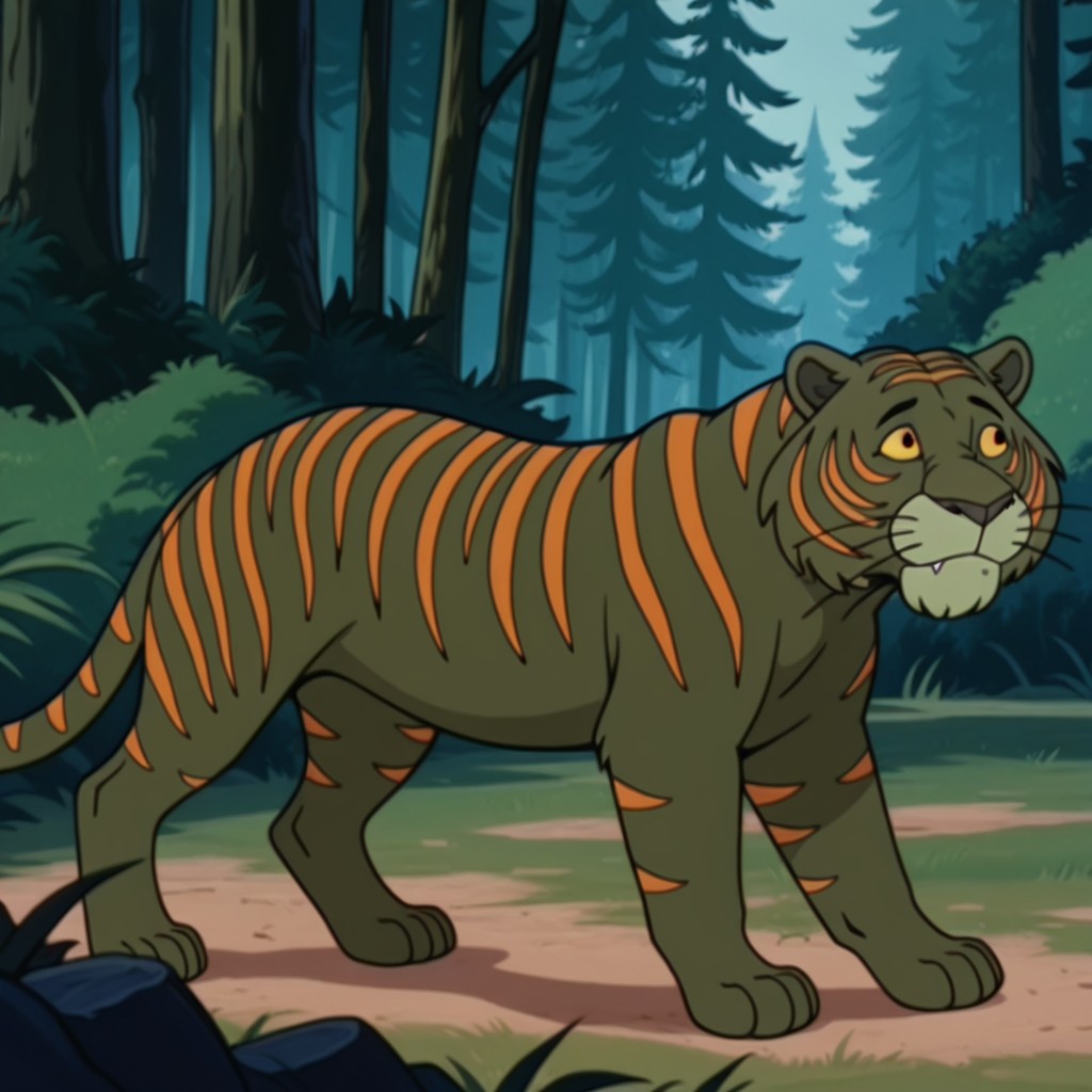 masterpiece, best quality, absurdres, highres, Crngrbttlil, feral, male tiger, green fur orange stripes, yellow sclera, round pupils, whiskers, outside, standing, forest, closed mouth, fang out, <lora:6844ed6c-5ed6-4c17-b858-1467c23ae999:1.0>