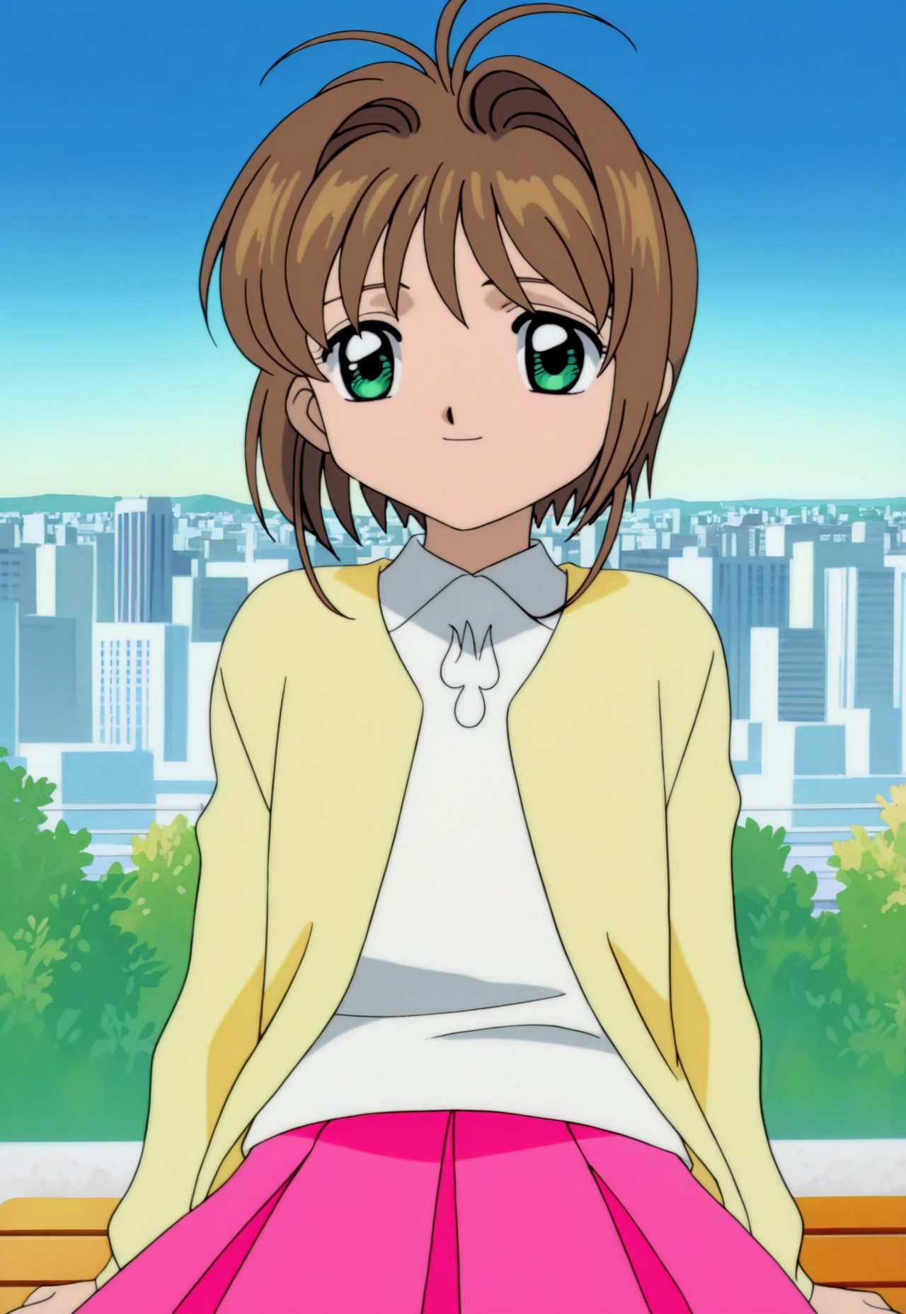 on-model, accurate art style, anime screencap, anime coloring, show accurate, cartoon screencap, movie accurate, official screencap, style parody, flat colors, official art, proper proportions, extremely detailed, newest, 2024, BREAK, 1girl, CCS_Sakura, kinomoto sakura, brown hair, short hair, bangs, antenna hair, hair intakes, green eyes,  yellow cardigan, cardigan, white shirt, pink skirt, skirt, sitting, enjoying the view, smiling, BREAK, detailed background, outdoors, city landscape, midday, BREAK, POV, cowboy shot, BREAK, vibrant colors, cinematic lighting, 75% soft lighting, 25% dark lighting, cardcaptor sakura movie 1