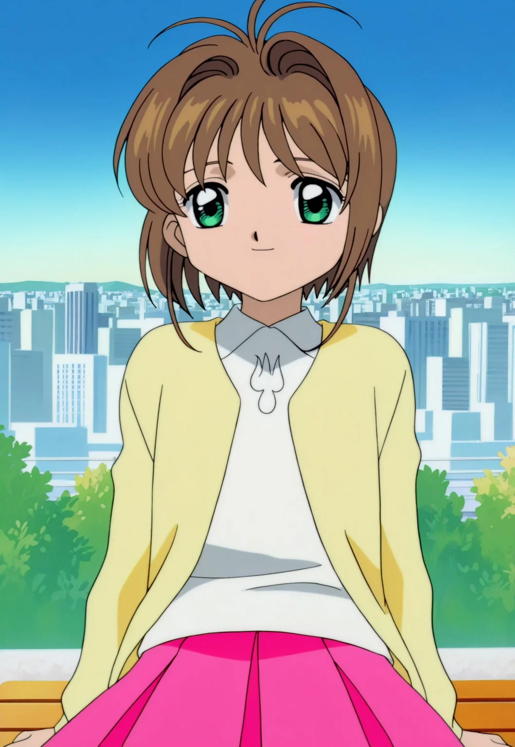on-model, accurate art style, anime screencap, anime coloring, show accurate, cartoon screencap, movie accurate, official screencap, style parody, flat colors, official art, proper proportions, extremely detailed, newest, 2024, BREAK, 1girl, CCS_Sakura, kinomoto sakura, brown hair, short hair, bangs, antenna hair, hair intakes, green eyes, yellow cardigan, cardigan, white shirt, pink skirt, skirt, sitting, enjoying the view, smiling, BREAK, detailed background, outdoors, city landscape, midday, BREAK, POV, cowboy shot, BREAK, vibrant colors, cinematic lighting, 75% soft lighting, 25% dark lighting, cardcaptor sakura movie 1
