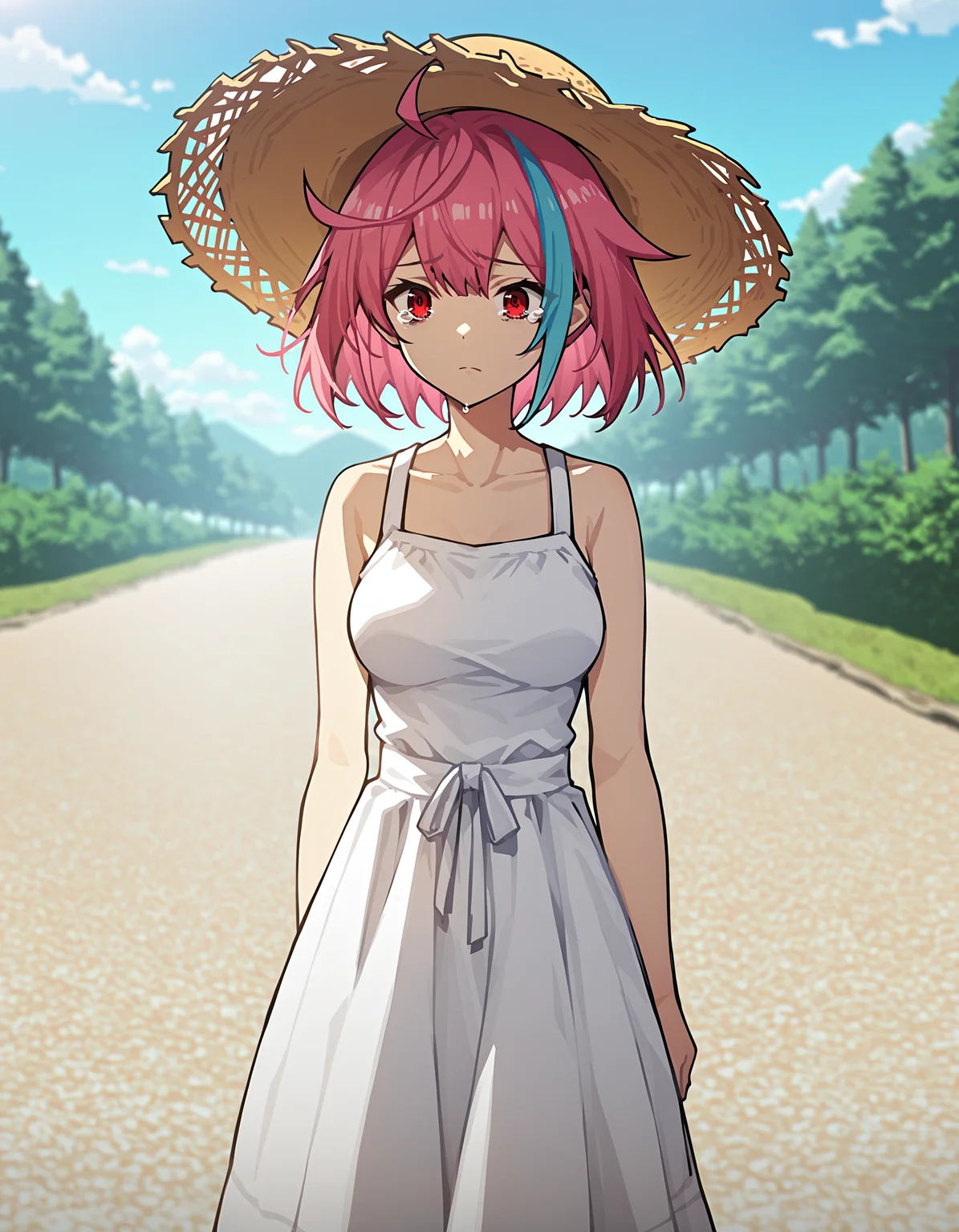 score_9,score_8_up,score_7_up,straw_hat,sundress,white background,simple background,
<lora:xialuo_pony:0.6>,xialuo,1girl,solo,red eyes,pink hair,breasts,multicolored hair,blue hair,ahoge,short hair,streaked hair,bangs,<lora:Anime_Screencap:1>,anime screencap,path,sad,tearing_up,landscape,