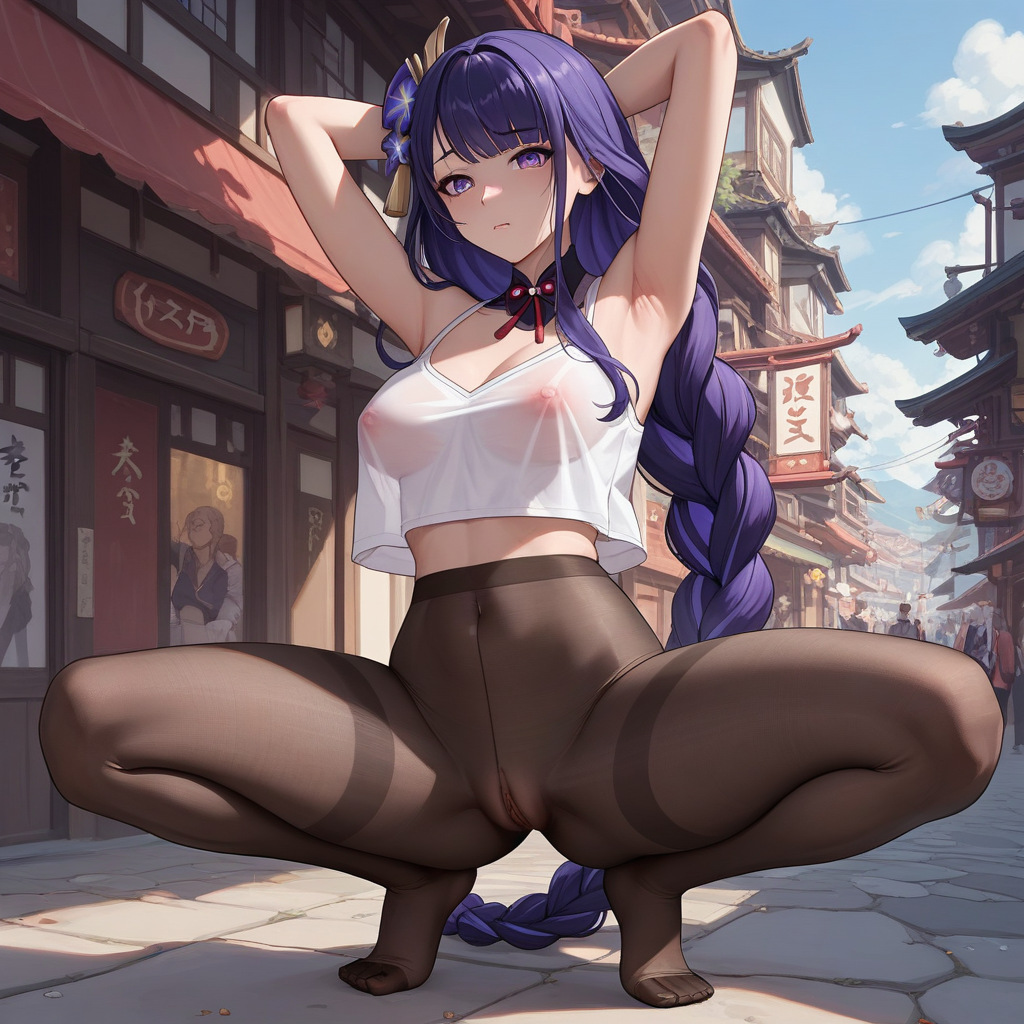 score_9, score_8_up, score_7_up, source_anime, expressive, anime, Artist speedlines, dynamic, 1girl, Raiden Shogun\(Genshin Impact\), squatting, arms behind head, armpit_hair, crop top see-through_legwear pantyhose, see-through, thighband_pantyhose, pantyhose, nudepantyhoseXL, pussy_under_pantyhose, uncensored, pussy, exhibitionism, public, outdoors, sunny, urban
