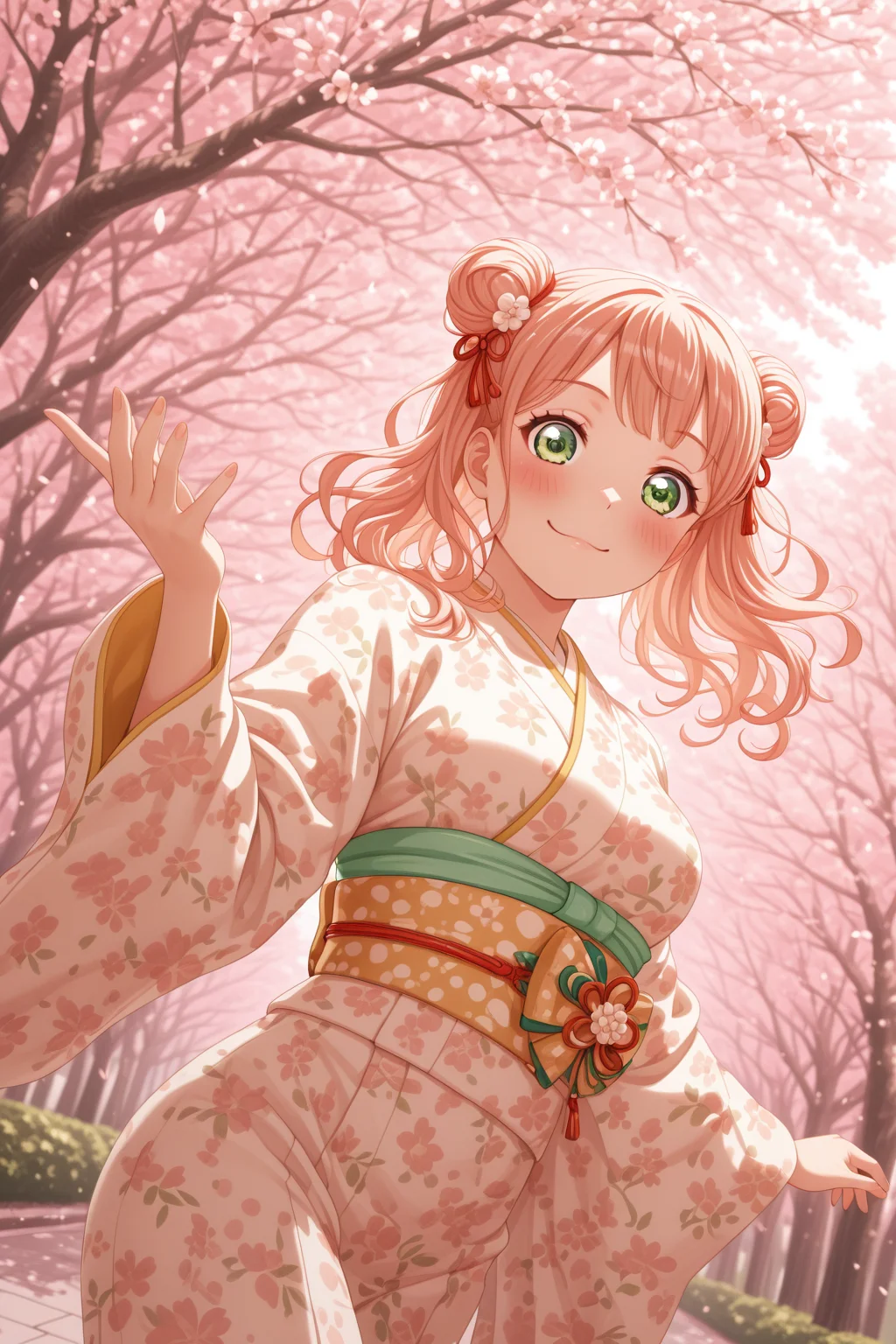 masterpiece, best quality, amazing quality, 1girl, solo, makeup, general, looking at viewer, cowboy shot, blush, smile, outdoors, playful pose, dynamic angle, cherry blossoms, outstretched arms, traditional Japanese setting, floral accessories, standing pose, spring atmosphere, energetic pose, <lora:Uehara_Himari_Ban_Dori:1>, Uehara_Himari_Ban_Dori, green eyes, pink hair, long hair, breasts, double bun, kimono, furisode, obi, sash, youthful energy, <lora:wai-2Rectified-V140:1>, <lora:illustrious_noobai_epsilon_pred_1_masterpieces_v1:1>