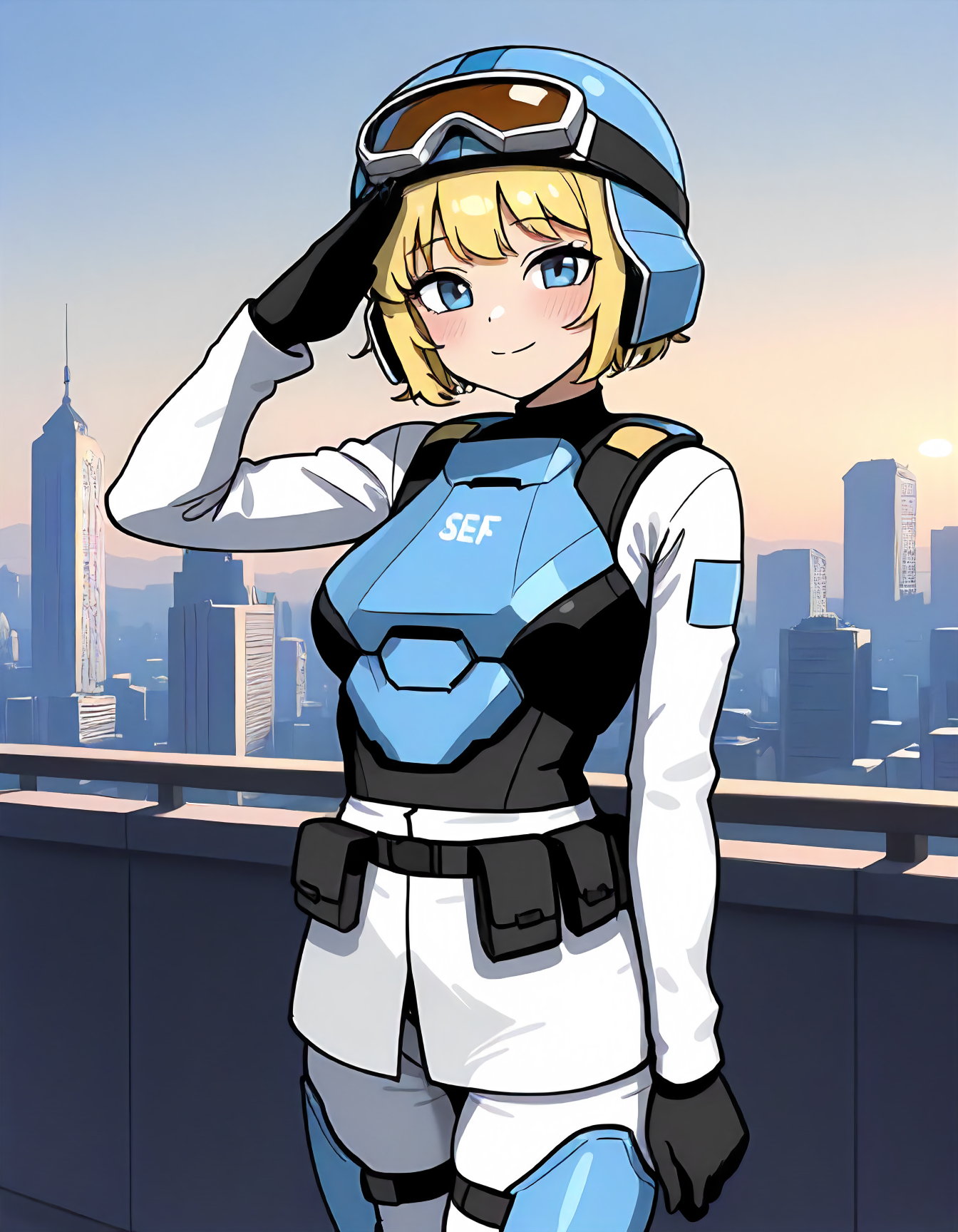 masterpiece, best quality, newest, absurdres, highres, very awa, 1girl, solo,  <lora:S.E.A.F_Girl:1>, seafgirl, short hair, blonde hair, cosplay, pouch, utility belt, helmet, goggles on head, smile, proud, salute, blush, cityscape,