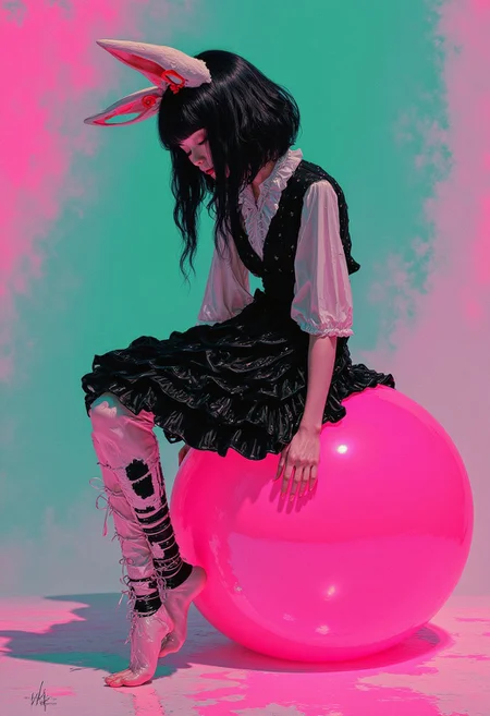 Japanese girl wearing white cat ears, long eyelashes, long black bob, face obscured by hair, bare feet, feet to viewer,white ears with red bow, black dress with white collar, black and white striped stockings, sitting on a pink bouncyball with her leg, white grunge, in profile, side view, surrealism, pencils, fashion illustration, gradient magenta and teal background, avant-garde, vivid colors, filigrie, photorealistic rendering, mody chiaroscuro lighting